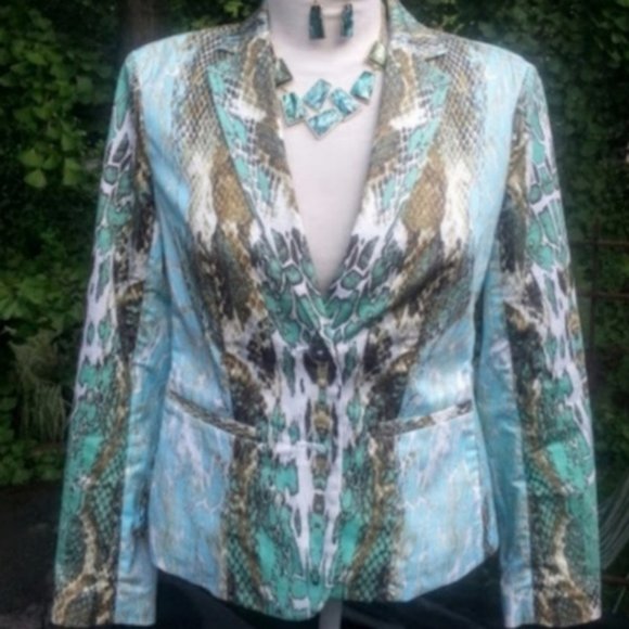 Paperwhite reptile print 2 button blazer mint green aqua blue brown white - Picture 1 of 8